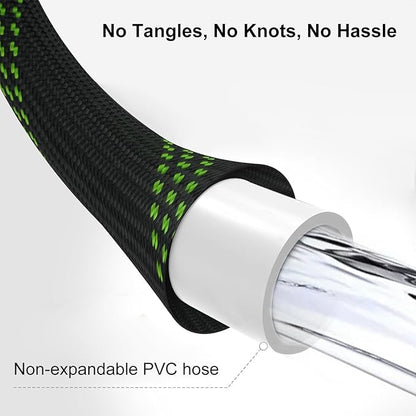 Non-Expandable Garden Hose 100FT – Heavy Duty No-Kink Flexible Water Hose with 10-Function Spray Nozzle, Solid Brass Fittings, Leakproof Design, Hanger & Washers – for Outdoor Use
