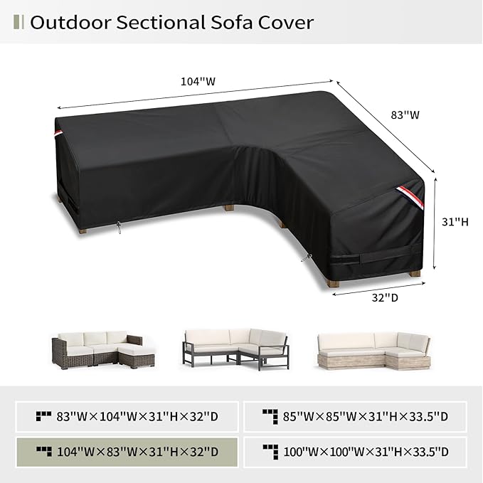 KylinLucky Outdoor Patio Furniture Cover fit 104 x 83 inch, 103 x 80, 102 x 79 L-Shaped Sectional Sofa, Waterproof Weatherproof Heavy Duty 600D Garden Cover for Outside L Shape Couch