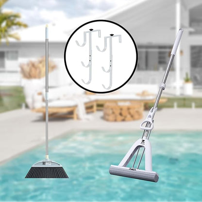 2Pcs White Pool Pole Hangers, Adjustable Heavy Duty Swimming Pool Fence Hooks for Pool Equipment, Skimmers, Leaf Rakes, Nets, Brushes, Vacuum Hose, Garden Tool Organizer