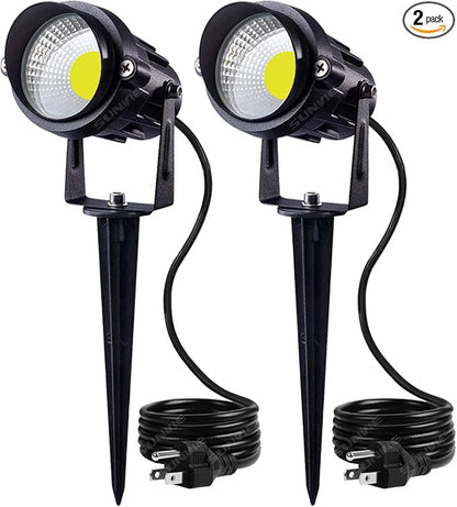 SUNVIE Outdoor Landscape LED Lighting 12W Waterproof Graden Lights COB Led Spotlights with Spiked Stand for Lawn Decorative Lamp US 3- Plug 6500K Daylight White (2 Packs)