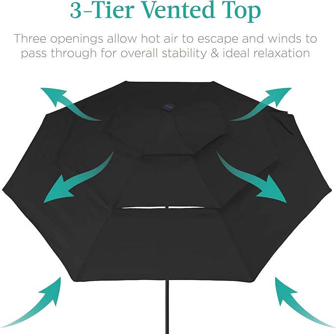 Best Choice Products 10ft 3-Tier Solar Patio Umbrella, Outdoor Market Sun Shade for Backyard, Deck, Poolside w/ 24 LED Lights, Tilt Adjustment, Easy Crank, 8 Ribs - Black