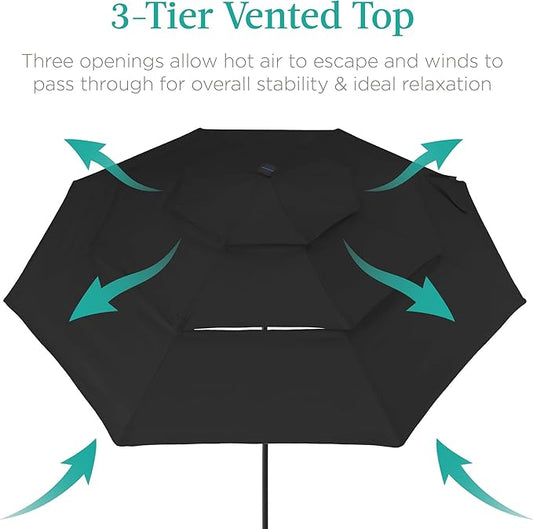 Best Choice Products 10ft 3-Tier Solar Patio Umbrella, Outdoor Market Sun Shade for Backyard, Deck, Poolside w/ 24 LED Lights, Tilt Adjustment, Easy Crank, 8 Ribs - Black