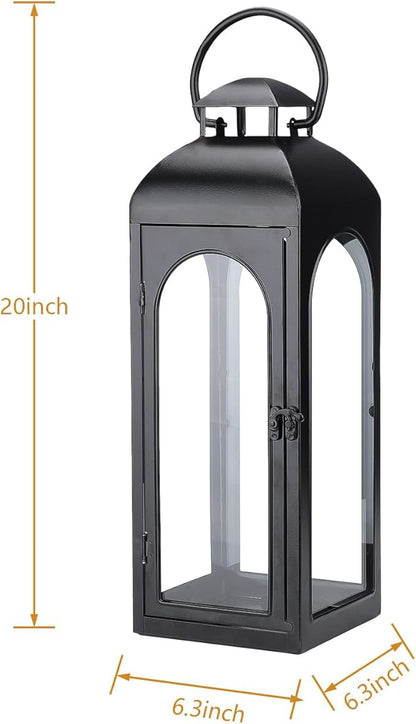 Bdor 2 Pack Large Luxury Lantern Decorative Tall 20 Inches Black Metal Hurricane Lanterns with Tempered Glass Panels for Front Porch,Tabletop, Mantle, Wall Hanging, or Garden, Indoor & Outdoor Décor