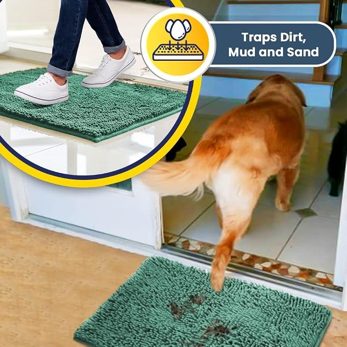 Muddy Mat® | Super Water Absorbent Door Mat Indoor, Microfiber Quick Dry Chenille Entryway Rug, Slip Resistant Front Door Mat, Indoor Mats for Entryway,Machine Washable Pet Rug, Seafoam Green 24"x96"