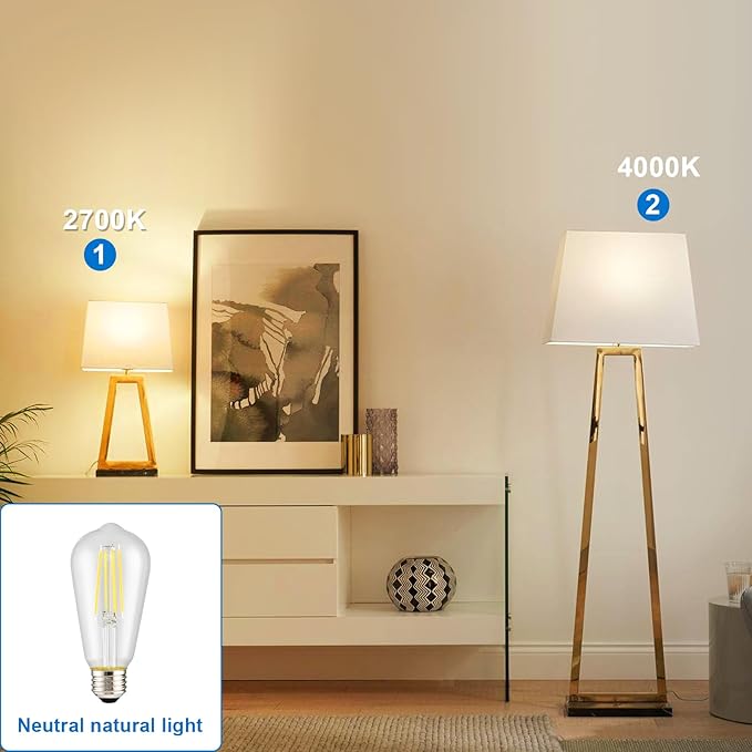 HESSION Vintage LED Edison Bulb, 6-Pack ST58 6W, Equivalent 60W Neutral Natural Light 4000K E26 Medium Base Antique Vintage Style, Clear Glass Filament Edison Light Bulbs with 90+CRI, Dimmable.