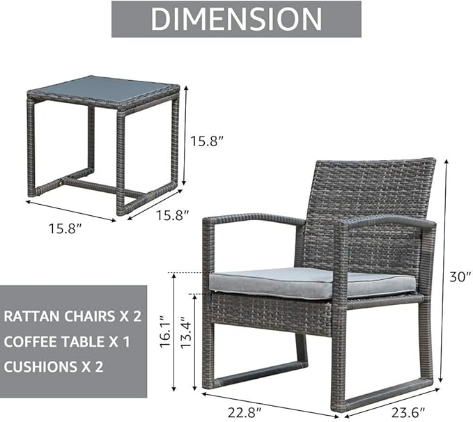 Patiorama Outdoor Patio Furniture - Wicker Conversation Set with Modern Bistro Design, Coffee Table, Perfect for Garden, Balcony, Backyard or Poolside (Light Gray)