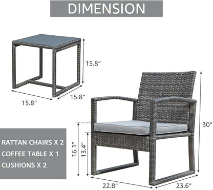Patiorama Outdoor Patio Furniture - Wicker Conversation Set with Modern Bistro Design, Coffee Table, Perfect for Garden, Balcony, Backyard or Poolside (Light Gray)
