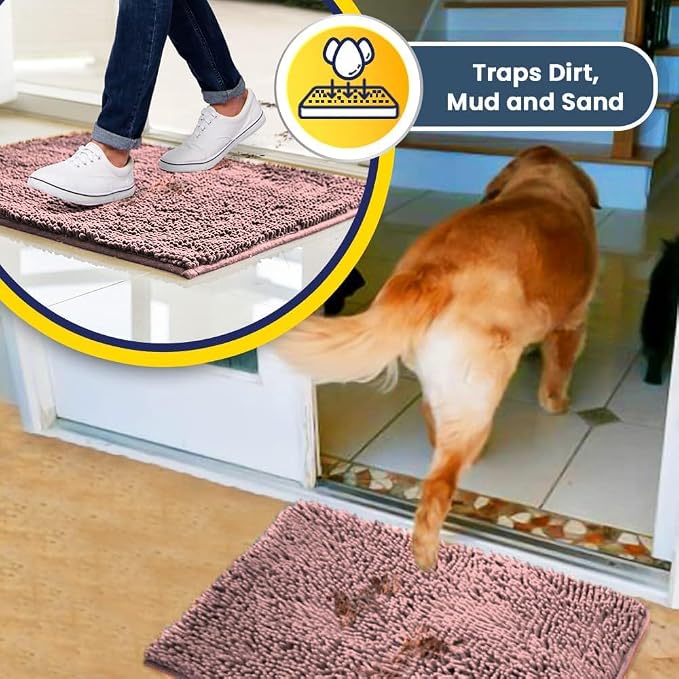 Muddy Mat® | Super Water Absorbent Door Mat Indoor, Microfiber Quick Dry Chenille Entryway Rug, Slip Resistant Front Door Mat, Indoor Mats for Entryway, Machine Washable Pet Rug, Pink 18"x28"