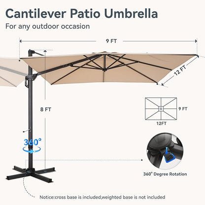 GREEN PARTY 9x12 ft Cantilever Patio Umbrella, Rectangle Offset Outdoor Umbrellas with 360° Rotation, 5-Year-Non-Fading Hanging Pool Umbrella for Garden Deck Poolside - Beige