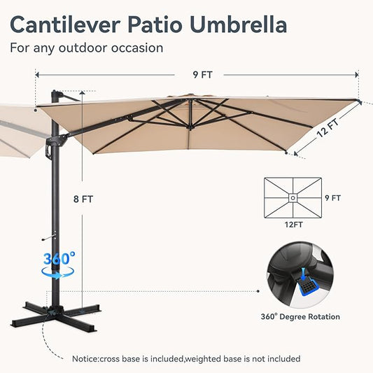 GREEN PARTY 9x12 ft Cantilever Patio Umbrella, Rectangle Offset Outdoor Umbrellas with 360° Rotation, 5-Year-Non-Fading Hanging Pool Umbrella for Garden Deck Poolside - Beige