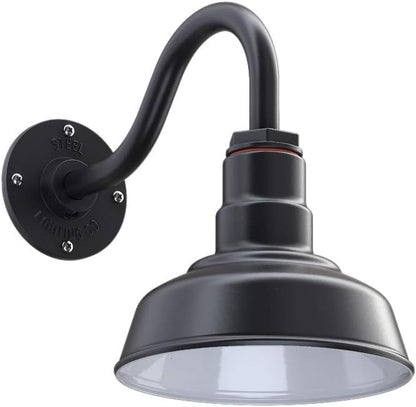 Steel Lighting Co. | Dusk to Dawn | Hawthorne Barn Light | Outdoor Wall Mounted | 8 in Dome | 11 inch Gooseneck| Small Farmhouse Light Made in America | Matte Black Exterior/White Interior