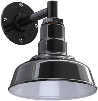 Steel Lighting Co. | Dusk to Dawn | Hawthorne Barn Light | Outdoor Wall Mounted | 8 in Dome | 6 in Straight Arm| Small Farmhouse Light Made in America | Black Exterior/White Interior