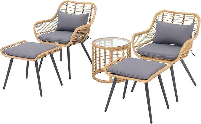JOIVI 5 Piece Patio Wicker Conversation Set with Ottomans, Outdoor Furniture Bistro Set with Rattan Chairs and Round Side Table for Porch, Balcony, Yard, Gray Cushion