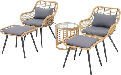 JOIVI 5 Piece Patio Wicker Conversation Set with Ottomans, Outdoor Furniture Bistro Set with Rattan Chairs and Round Side Table for Porch, Balcony, Yard, Gray Cushion