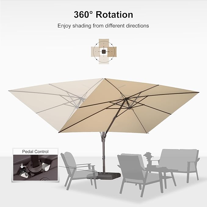 PURPLE LEAF 9' X 11.5' Rectangle Cantilever Umbrella with Base Patio Umbrella Outdoor Aluminum Offset Hanging Umbrella with 360-degree Rotation for Pool Garden Backyard Deck, Beige