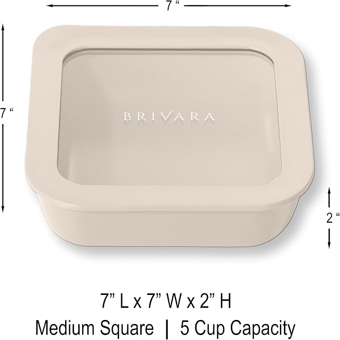 Glass Food Storage Container with Lid, 5-Cup Medium Square | Microwave-Safe Airtight Lid, Oven-Safe Ceramic-Coated Glass | Zero Plastic, No PFAS/PFOA/BPA, Reusable [Crema]