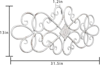 Sintosin White Flower Scroll Metal Wall Art Decor 32" x 13", Hanging Vintage Large Floral Wrought Iron Wall Decor, Farmhouse Wall Sculptures Decorations for Living Room Bedroom Indoor Outdoor