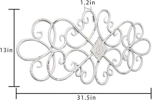 Sintosin White Flower Scroll Metal Wall Art Decor 32" x 13", Hanging Vintage Large Floral Wrought Iron Wall Decor, Farmhouse Wall Sculptures Decorations for Living Room Bedroom Indoor Outdoor