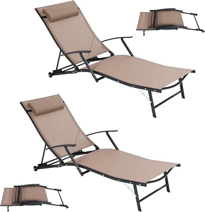 Nice C Patio Chaise Lounge with Wheel, Outdoor Lounge with Armrest for Pool, 5 Reclining Positions, with Rolling Wheel for Poolside, Beach, Backyard, Patio (Set of 2, Beige)