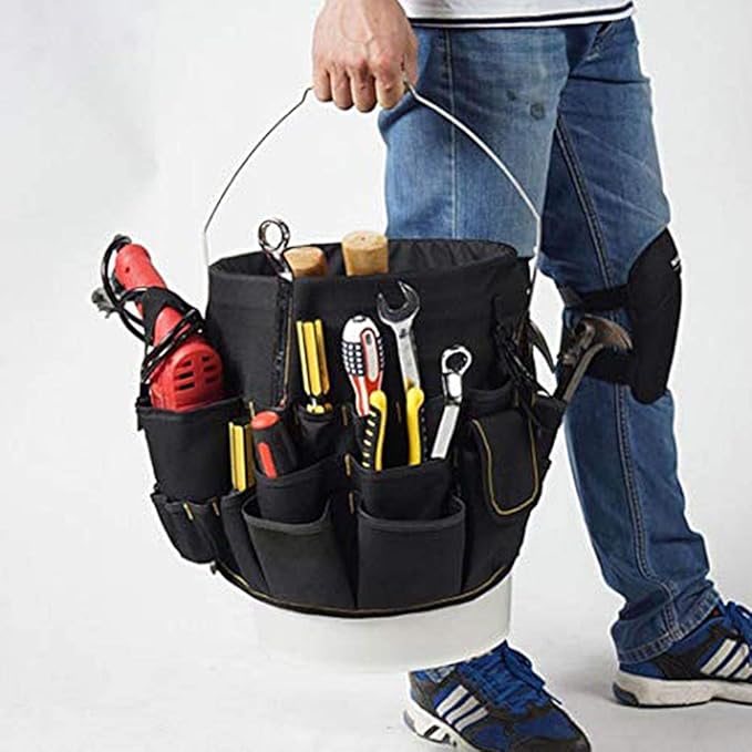 Gardening Tool Bucket, Heavy Duty Gardening Organizer Tote with 56 Pockets, 600D Garden Bags Storage Carrier for Garden, Sturdy Canvas Tool Storage Set for Women Men Gardener(Black)