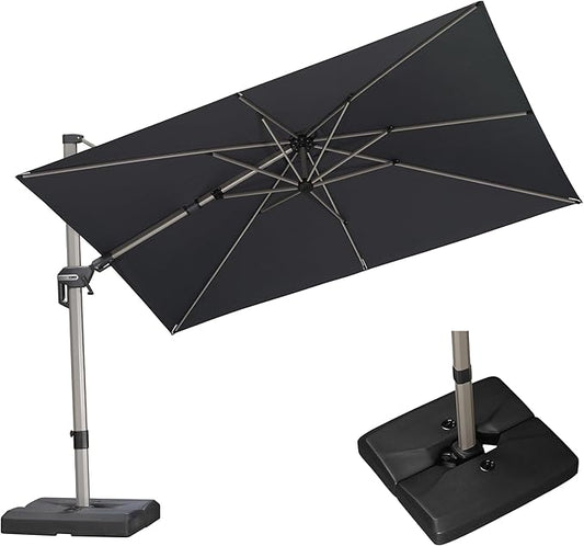 PURPLE LEAF 10' X 6.5' Left-right Tilting Patio Umbrella with Base Outdoor Swivel Cantilever Offset Aluminum Umbrella with Champagne Frame and 360-degree Rotation for Garden Deck Pool, Grey