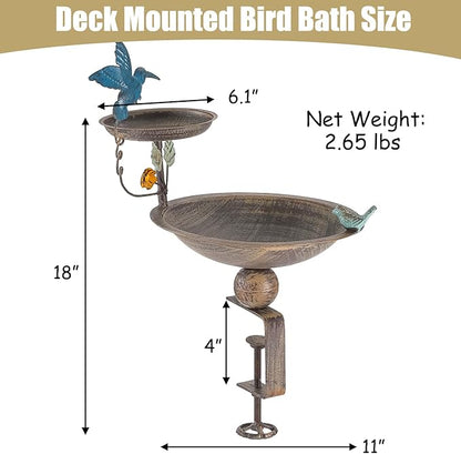 Deck Mounted Bird Bath and Feeder, 2-in-1 Balcony Metal Birdbaths for Deck Railing Outdoors, Adjustable Heavy Duty Clamp for Garden Decor Yard Lawn