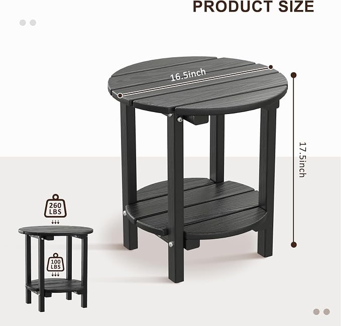 2 Tier Round Outdoor Side Table with Wood-Like Grain, HDPE Adirondack Table Patio Side Table, Weather Resistant End Table for Pool, Patio & Porch, Small Outdoor Table(Black, Round)