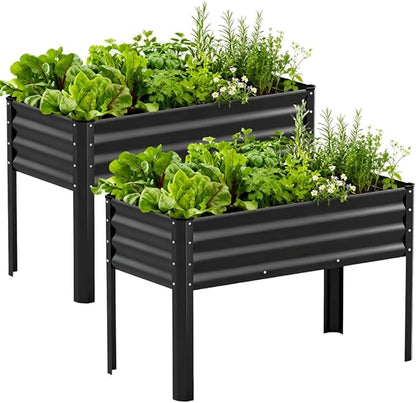 COMHOMA 2 Pack Raised Garden Bed with Legs 4x2x2.5ft,Large Elevated Galvanized Metal Planter Box with Drainage Holes,Outdoor Growing Kit with Gloves Tools for Backyard Patio Lawn,Black