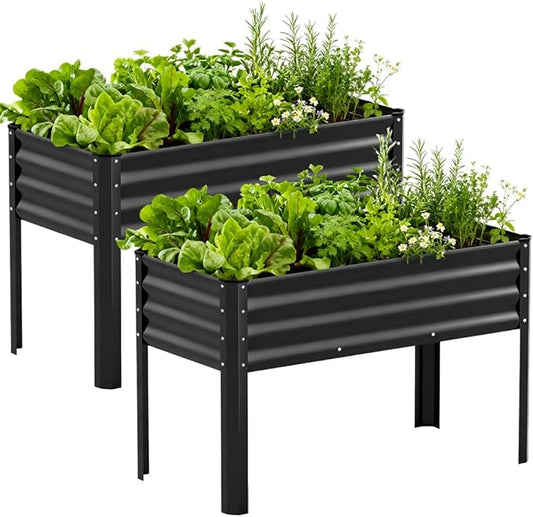 COMHOMA 2 Pack Raised Garden Bed with Legs 4x2x2.5ft,Large Elevated Galvanized Metal Planter Box with Drainage Holes,Outdoor Growing Kit with Gloves Tools for Backyard Patio Lawn,Black