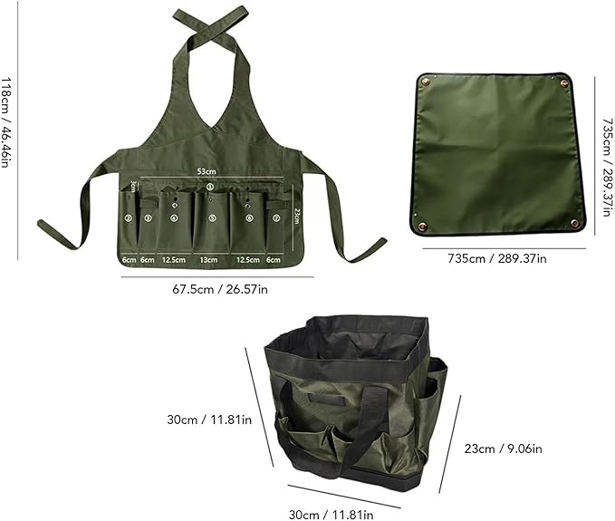 3Pcs Garden Tool Bag Organizer, Heavy Duty 600D Oxford Fabric Gardening Tote with 11 Pockets Apron Soil Replacement Mat Foldable Standable for Gardening Storage