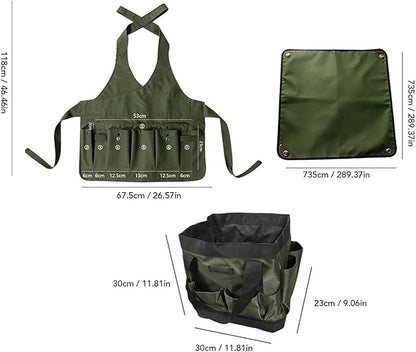 3Pcs Garden Tool Bag Organizer, Heavy Duty 600D Oxford Fabric Gardening Tote with 11 Pockets Apron Soil Replacement Mat Foldable Standable for Gardening Storage
