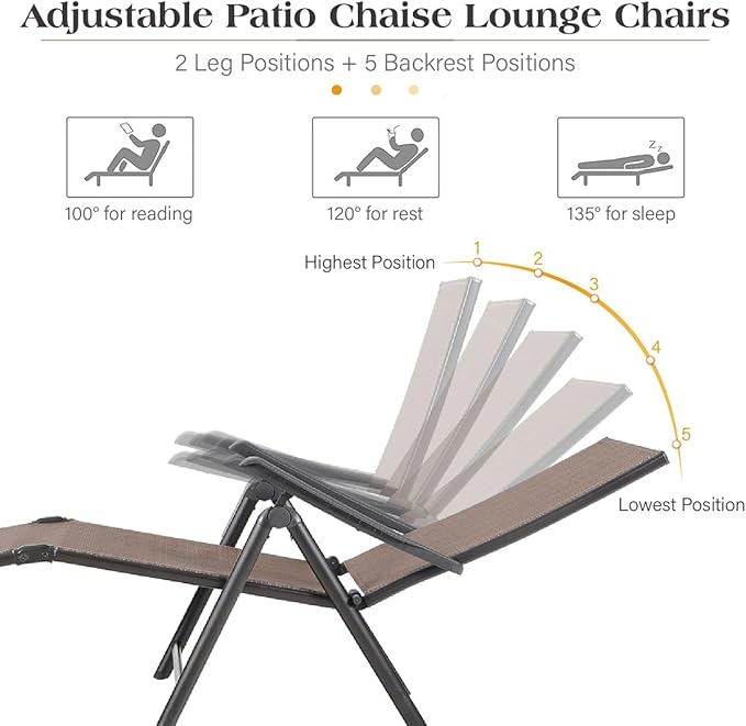 MFSTUDIO 2 Piece Outdoor Folding Patio Chaise Lounge Chairs, Set of 2 Outdoor Textiline Recliner Chairs Patio Lounge with 7 Position Adjustable for Beach, Backyard, Poolside, Lawn(Brown)