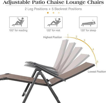 MFSTUDIO 2 Piece Outdoor Folding Patio Chaise Lounge Chairs, Set of 2 Outdoor Textiline Recliner Chairs Patio Lounge with 7 Position Adjustable for Beach, Backyard, Poolside, Lawn(Brown)