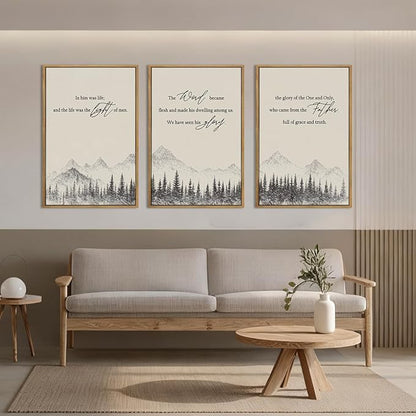 IARTTOP Large Christian Easter Framed Wall Art 16x24 Inch Neutral Mountain Forest Canvas Wall Decor Jesus Bible Verse Catholic Biblical Scripture Prints for Prayer room Living room Set of 3