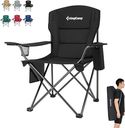 KingCamp Padded Portable Outdoor Folding Lounge Chairs with Built In Cupholder, Insulated Cooler Sleeve, and Side Storage Pocket, Black