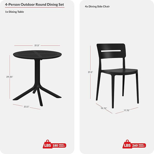 Costaelm Dining Set for 4, HDPE Patio Round Dining Table and Stackable Comfortable Dining Chair, Outdoor Small Patio Furniture Set All Weather for Backyard Porch Poolside, White