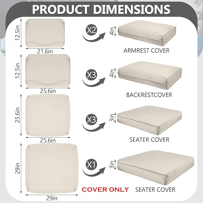 9 Piece Outdoor Patio Waterproof Cushion Covers, Fits 4-Seat Wicker Rattan Sectional Couch Chair Furniture Cover Replacement Set - Fade-Resistant Patio Cushion Covers with Zipper