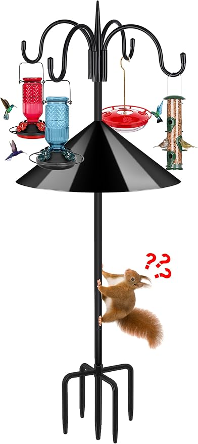 FEED GARDEN Heavy Duty Shepherds Hook Squirrel-Proof Bird Feeder Pole 92" Four Hooks 5-Prong Base & 19" Baffle for Outdoor Feeders & Plants