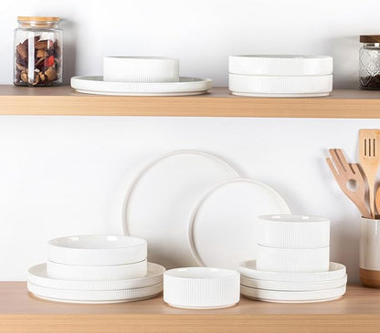 TheTerra Ceramic Dinnerware Set for 4, 12-Piece Plates and Bowls Set | Lightweight Porcelain Dish Set, Scratch Resistant, Oven & Microwave & Dishwasher Safe, Bright White