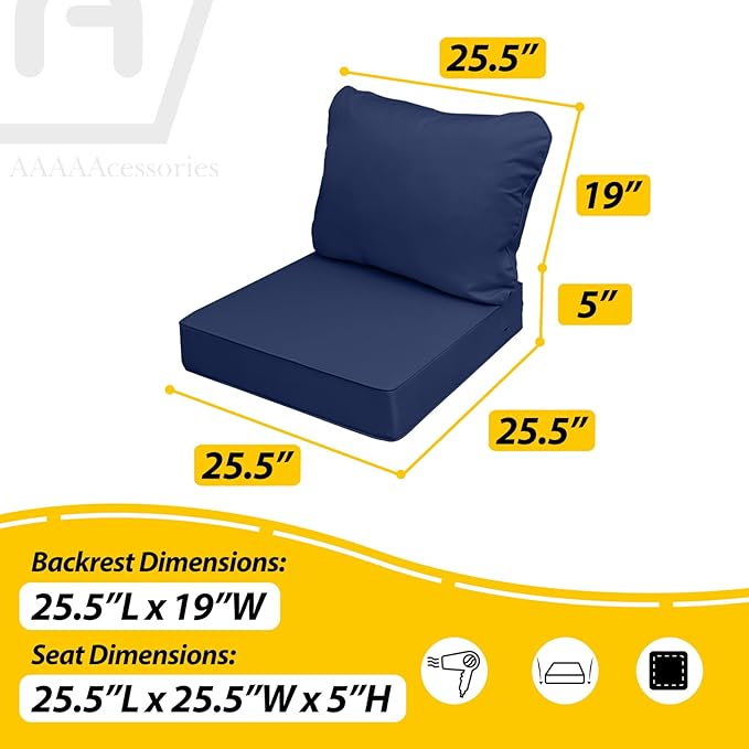 AAAAAcessories Outdoor Seat Cushions for Chairs, Fade-Resistant, Waterproof Patio Furniture Replacement Cushions, 25.5" x 25.5" x 5" + 25.5" x 19", Navy Blue