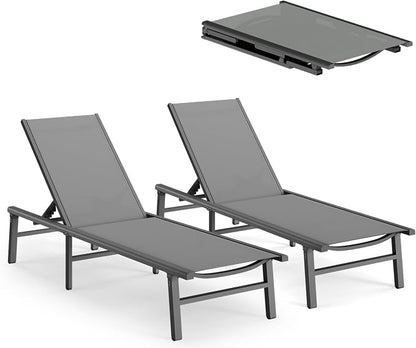 Ciokea Foldable Outdoor Lounge Chair Set of 2, No Assembly Aluminum Chaise Lounge Outdoor with 5 Adjustable Positions, Pool Lounge Chairs with Portable Design for Pool, Deck, Beach, Patio (Grey)