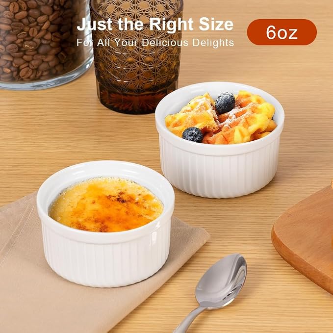 Yachi Ramekins White, 6 oz Ceramic Set of 6 Stoneware Bakeware for Souffle Sauces Dipping Onion Soup Lava Cake Flan Creme Brulee Kit Pudding Mini Custard Oven Safe