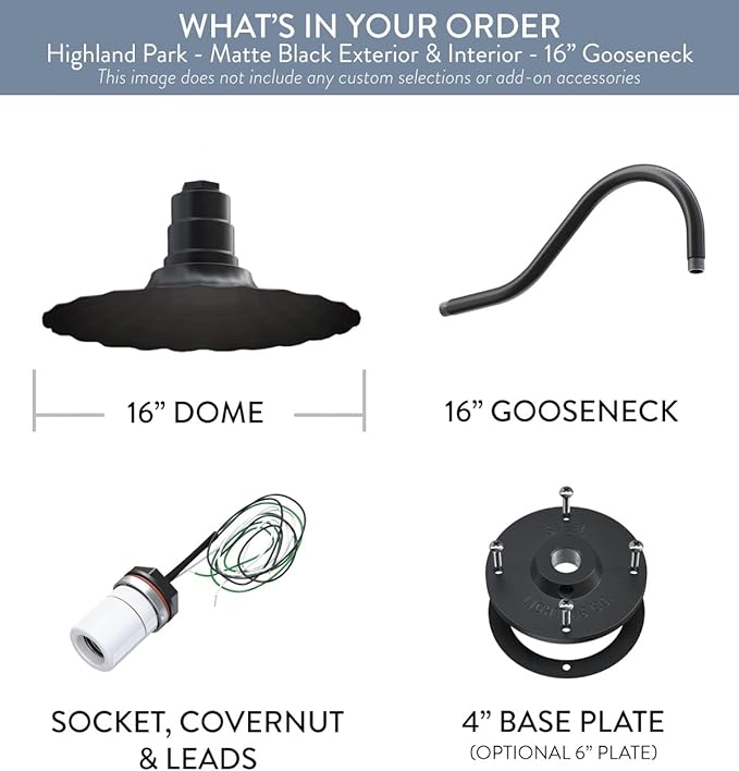 Steel Lighting Co. Highland Park Barn Light | Outdoor Wall Mounted | 16 inch Radial Wave | 16 inch Gooseneck | Vintage Style Made in America | Matte Black Exterior/Matte Black Interior