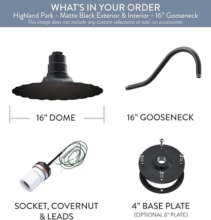 Steel Lighting Co. Highland Park Barn Light | Outdoor Wall Mounted | 16 inch Radial Wave | 16 inch Gooseneck | Vintage Style Made in America | Matte Black Exterior/Matte Black Interior