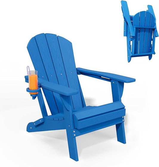 Folding Adirondack Chair with Cup Holders, HDPE Plastic Outdoor Chairs, Weather Resistant, Real Wood Look for Patio, Deck, Fire Pit, Backyard, Blue