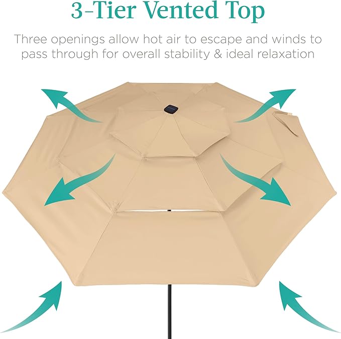 Best Choice Products 10ft 3-Tier Solar Patio Umbrella, Outdoor Market Sun Shade for Backyard, Deck, Poolside w/ 24 LED Lights, Tilt Adjustment, Easy Crank, 8 Ribs - Sand