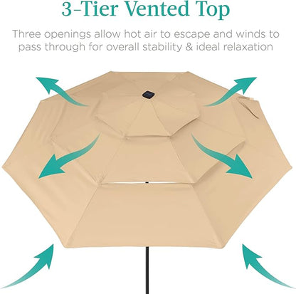 Best Choice Products 10ft 3-Tier Solar Patio Umbrella, Outdoor Market Sun Shade for Backyard, Deck, Poolside w/ 24 LED Lights, Tilt Adjustment, Easy Crank, 8 Ribs - Sand
