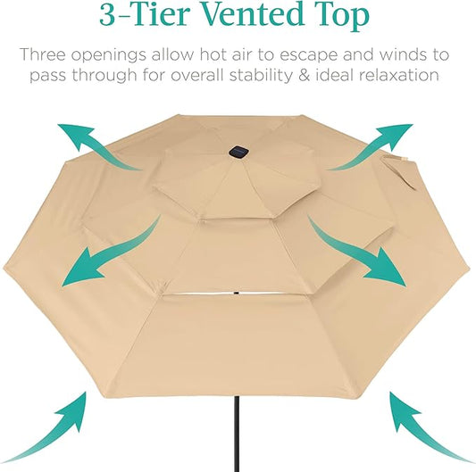 Best Choice Products 10ft 3-Tier Solar Patio Umbrella, Outdoor Market Sun Shade for Backyard, Deck, Poolside w/ 24 LED Lights, Tilt Adjustment, Easy Crank, 8 Ribs - Sand