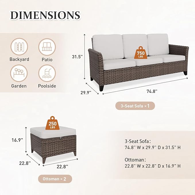 Canyon Ridge Wicker Patio Sofa with 2 Ottomans, Small Balcony Furniture, Outdoor Furniture Set, 3 Seat Couch, Brown/Beige