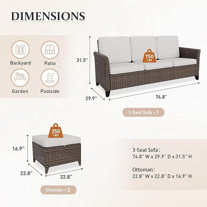 Canyon Ridge Wicker Patio Sofa with 2 Ottomans, Small Balcony Furniture, Outdoor Furniture Set, 3 Seat Couch, Brown/Beige